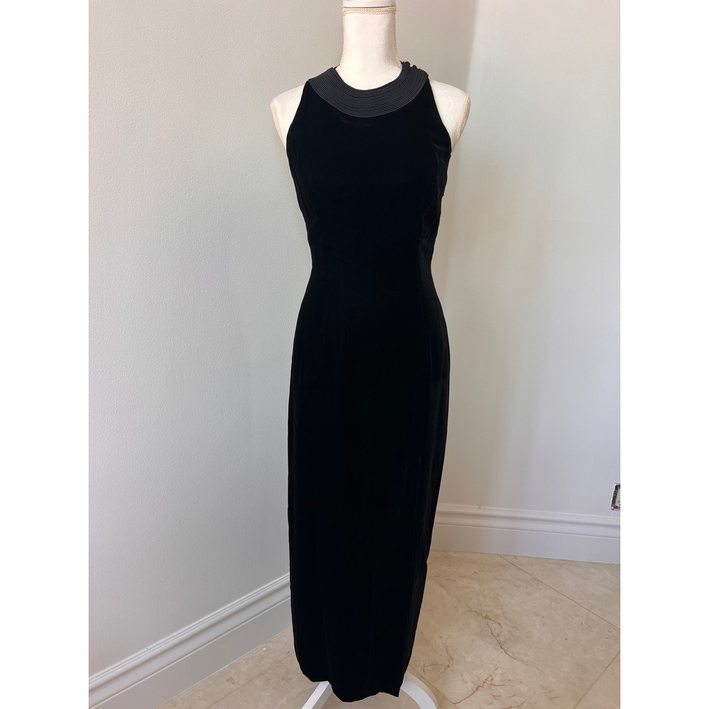 Vintage Rimini Black Velvet Sheer Mesh Back Maxi Evening Gown Dress 4